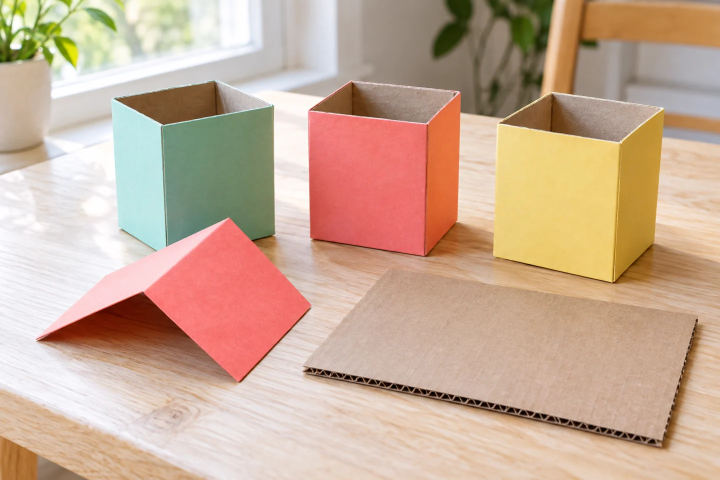 Three empty small cartons and folded colored paper roof beside cardboard base