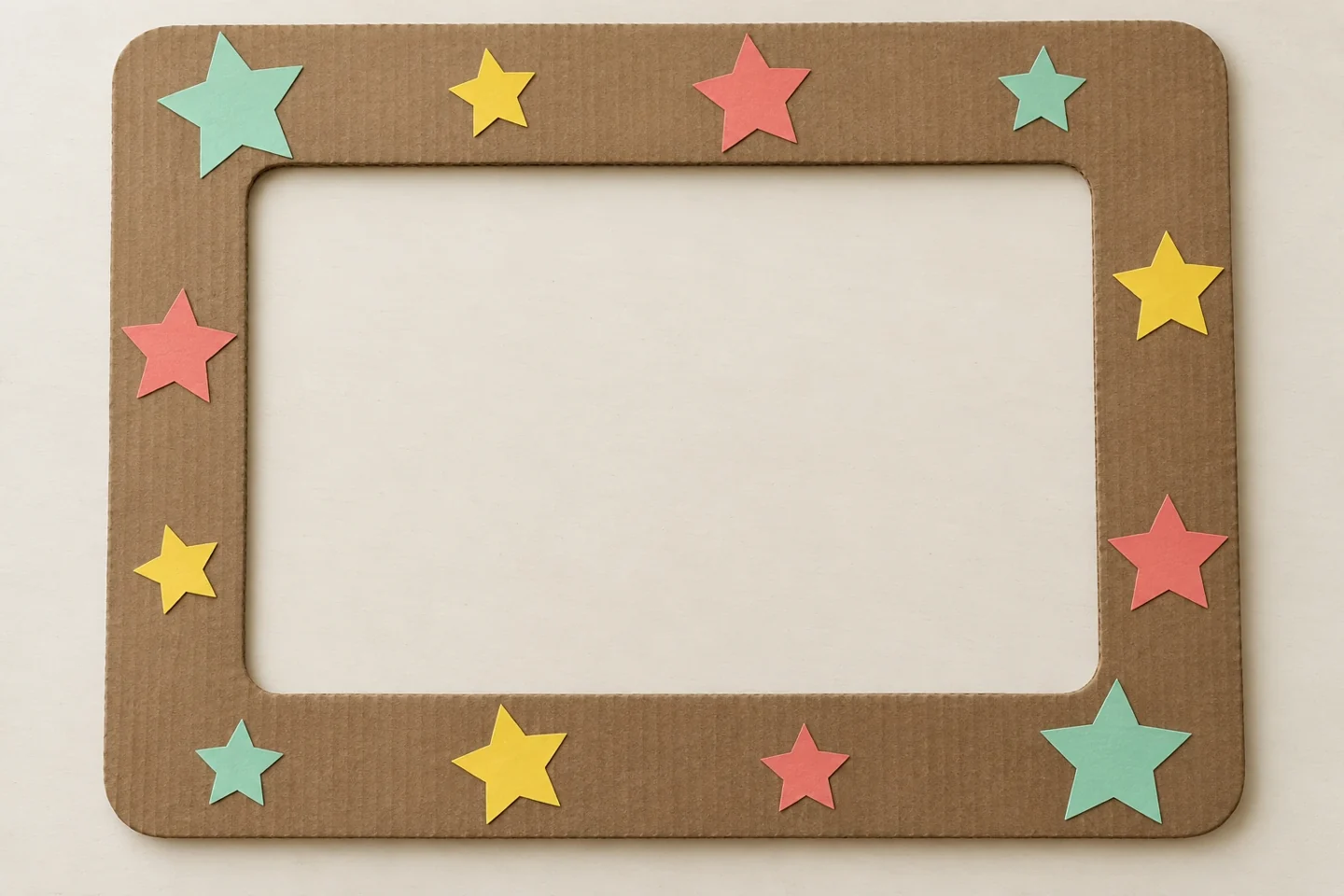 Closeup front of dry completed rectangular frame with broad 3 inch border and flat paper stars