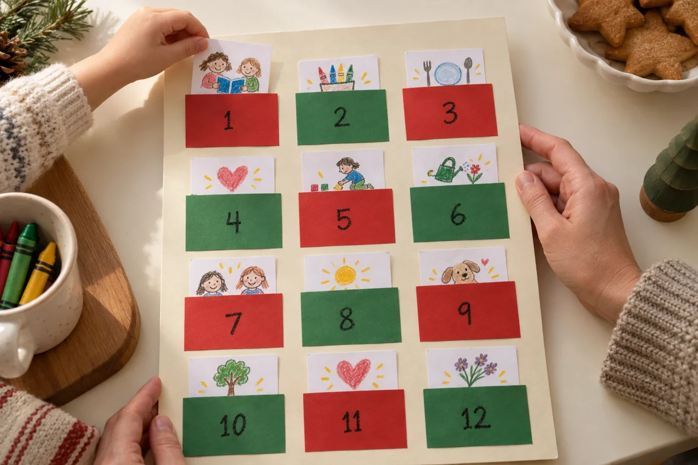A child pulling a kindness idea slip from a twelve-pocket Christmas board with an adult at a family table