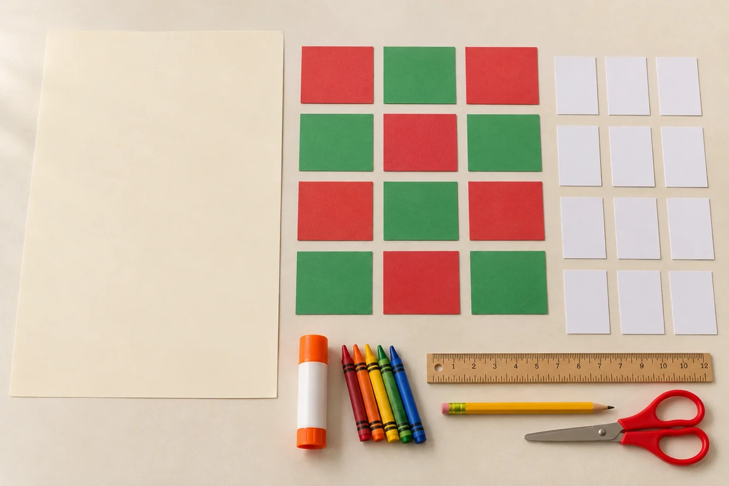 Twelve-by-eighteen-inch backing, twelve loose three-by-two-inch pocket rectangles twelve slips crayons ruler pencil scissors glue, no assembled board