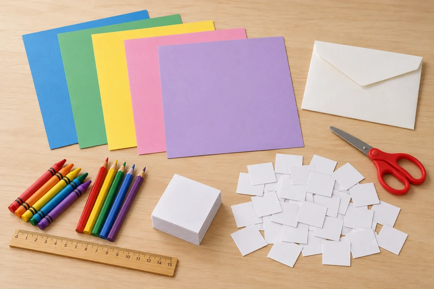 Gather five cardstock sheets, drawing supplies, large paper markers and an envelope.