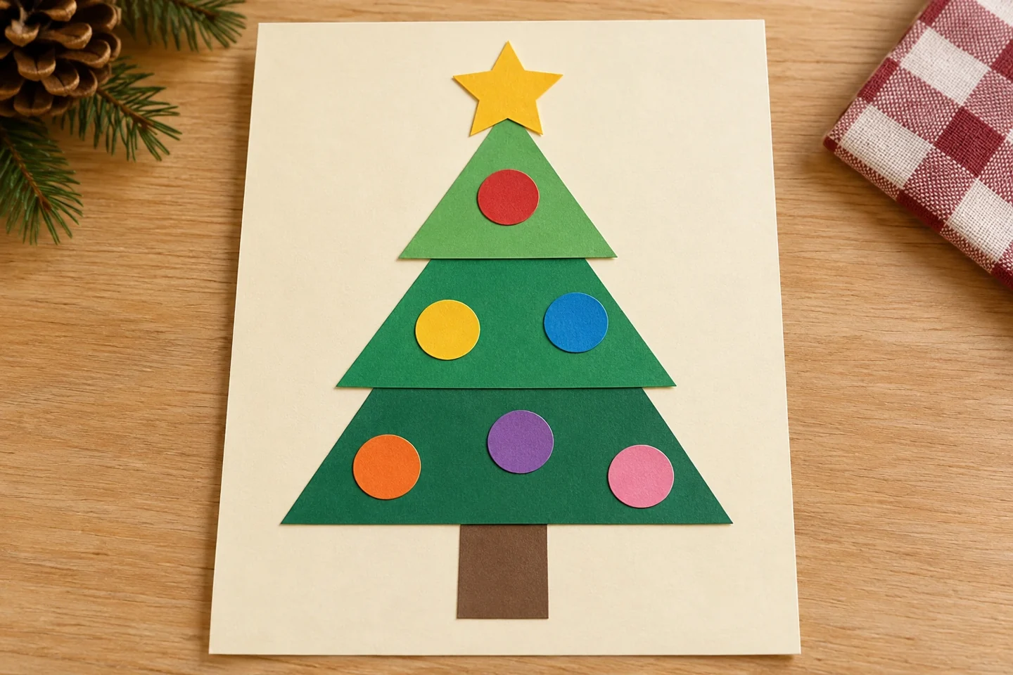 One finished flat shape tree with three layered green triangles, visible brown trunk, six circular ornaments and one star on plain cardstock