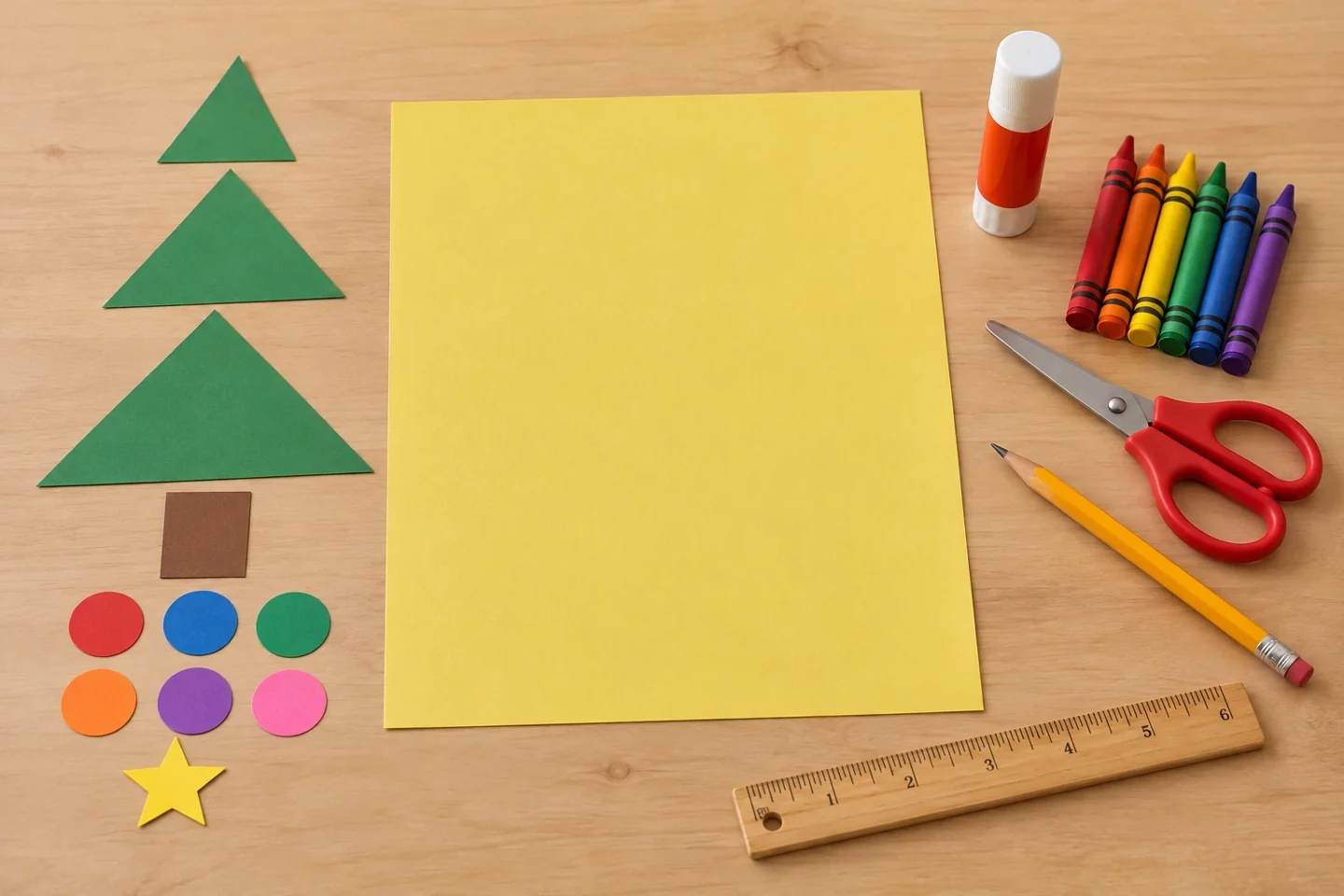 Set out three green triangles, six circles, a trunk and a star beside blank background cardstock and craft supplies.
