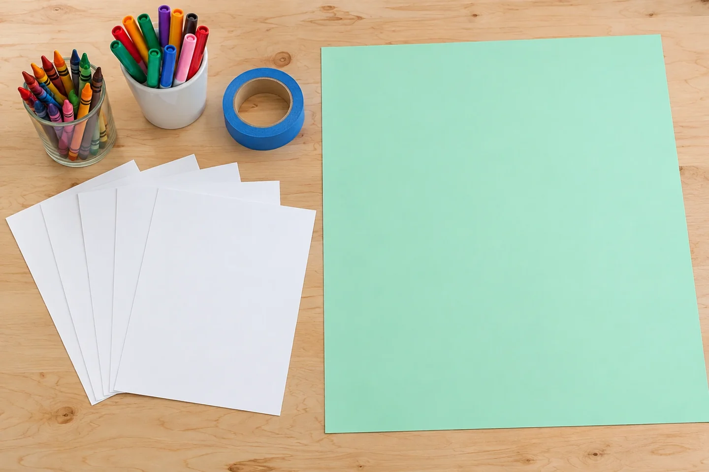 Five blank letter-size cardstock sheets yielding nine half-sheet cards plus one spare, crayons, one 30 by 36 inch backing board and painter’s tape, all separate, no display yet