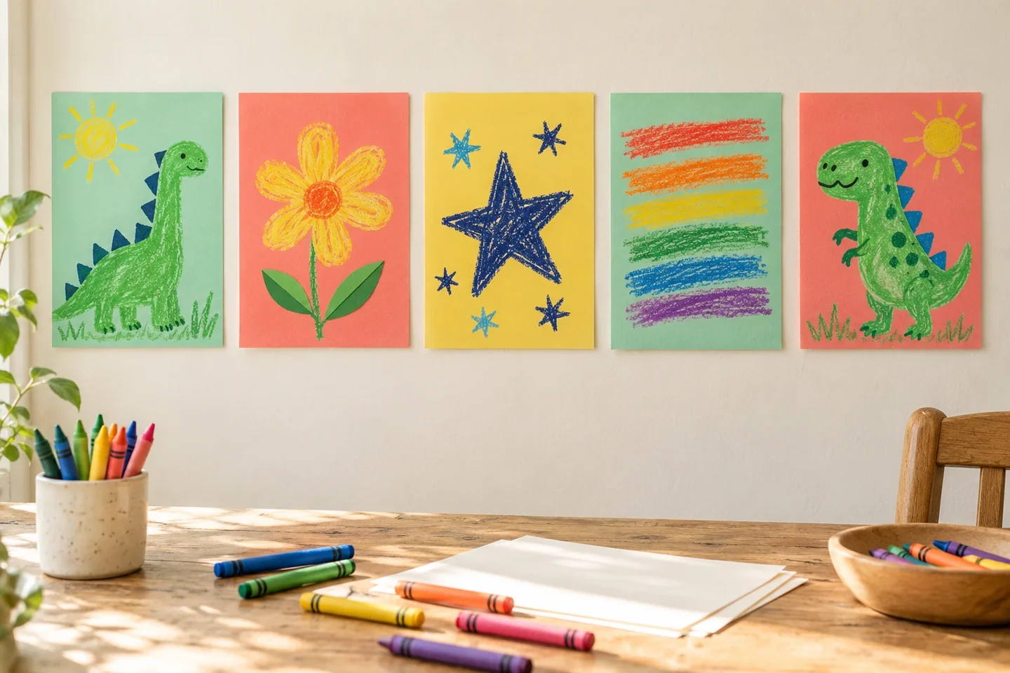 Five-panel birthday banner on a cream wall above a celebration drawing table