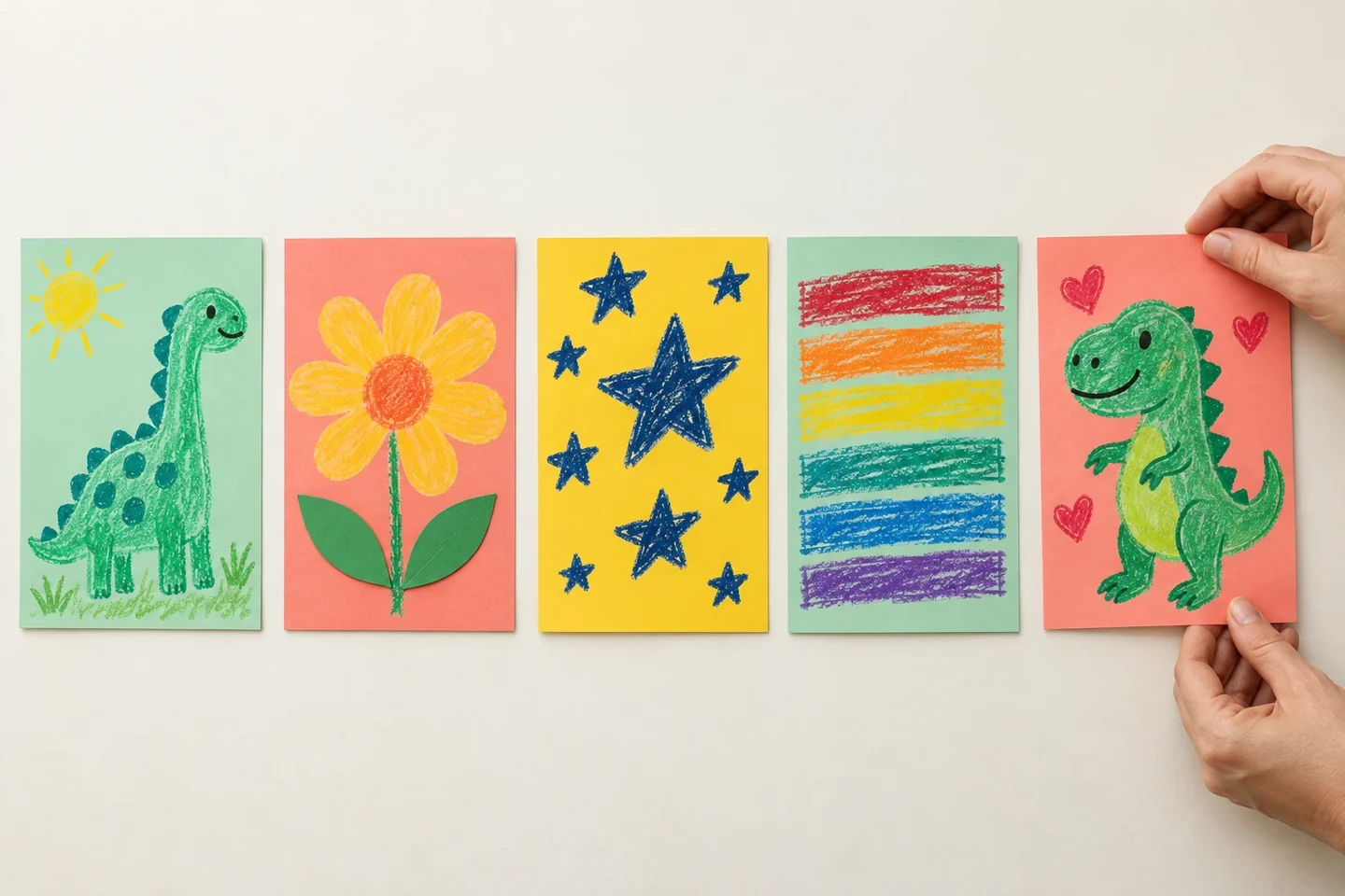 Five decorated panels laid on table with one-inch gaps