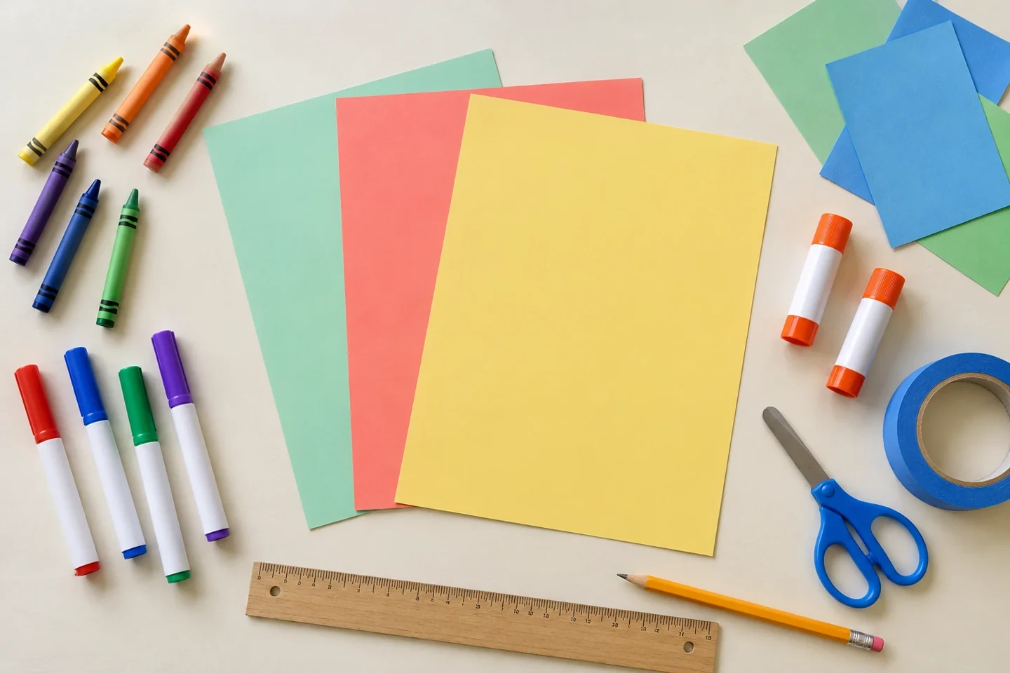 Three blank letter-size cardstock sheets for five 5 by 7 inch panels plus one spare, crayons, markers, blank colored scraps, glue sticks, child scissors, ruler, pencil and painter’s tape, unassembled