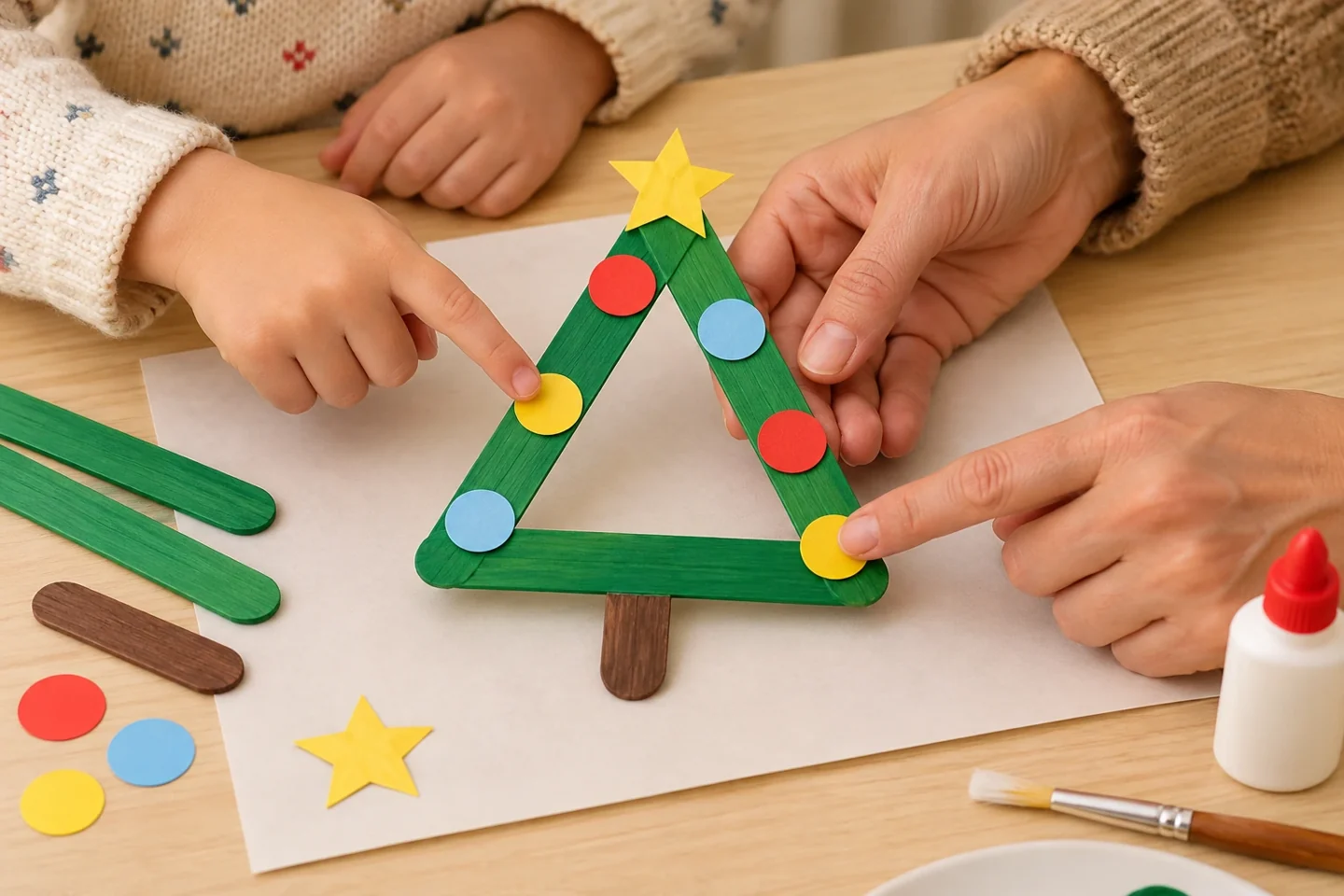 A child explaining the ornament pattern on a dry open-center craft-stick Christmas tree to an adult at a table