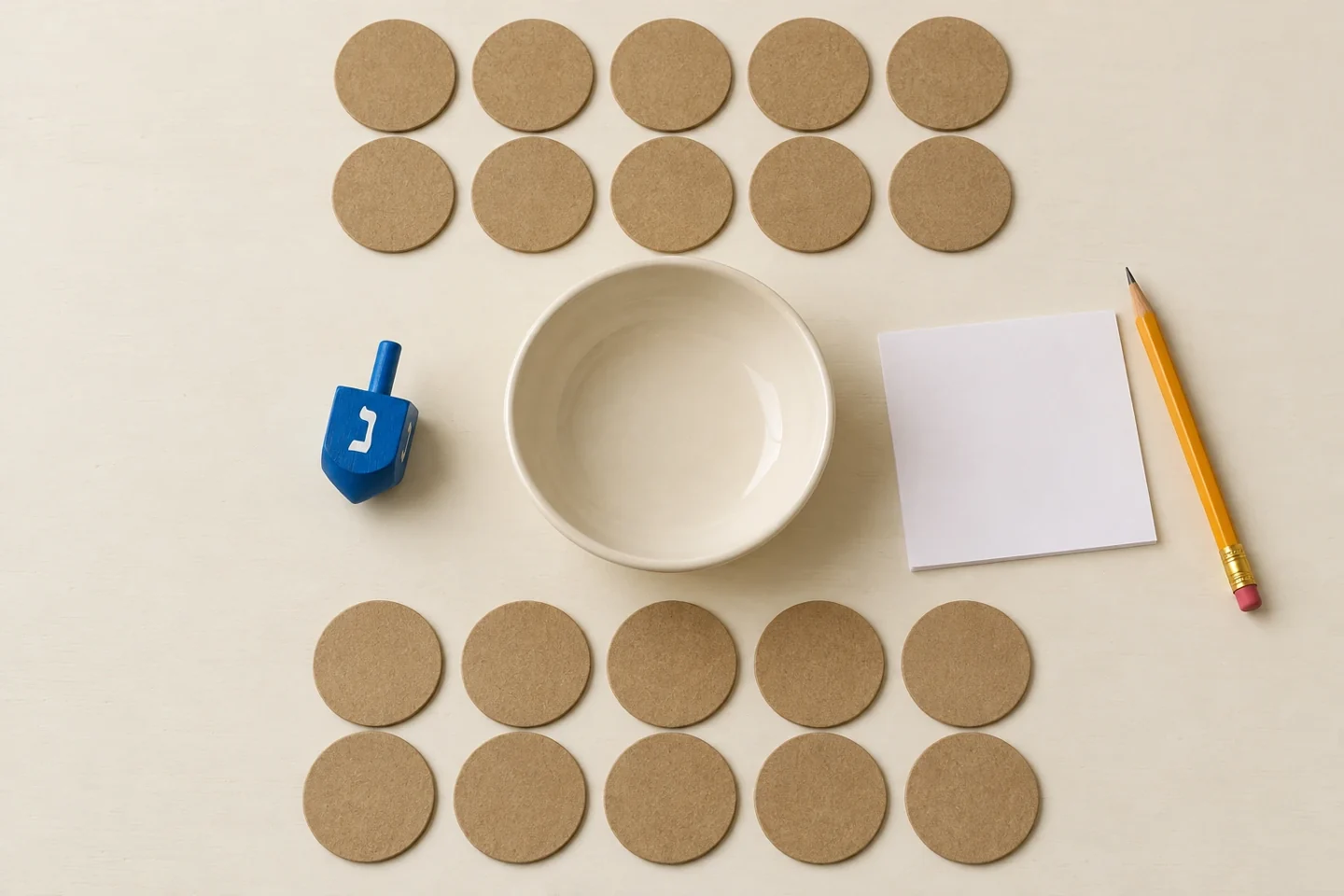 One real correctly lettered dreidel, two piles of ten large cardboard counters, empty shallow bowl and pencil and blank reminder paper; no chocolate coins
