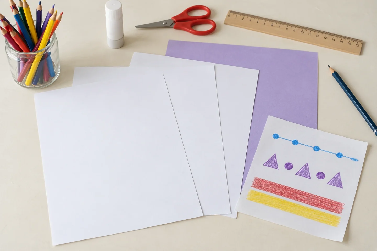 Raw three white sheets, colored pencils, scrap sheet, pencil scissors ruler