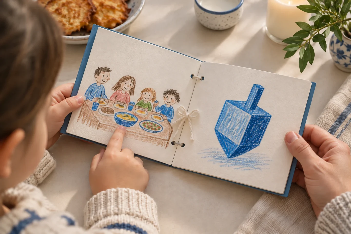 A child and adult sharing drawings in a handmade Hanukkah memory book