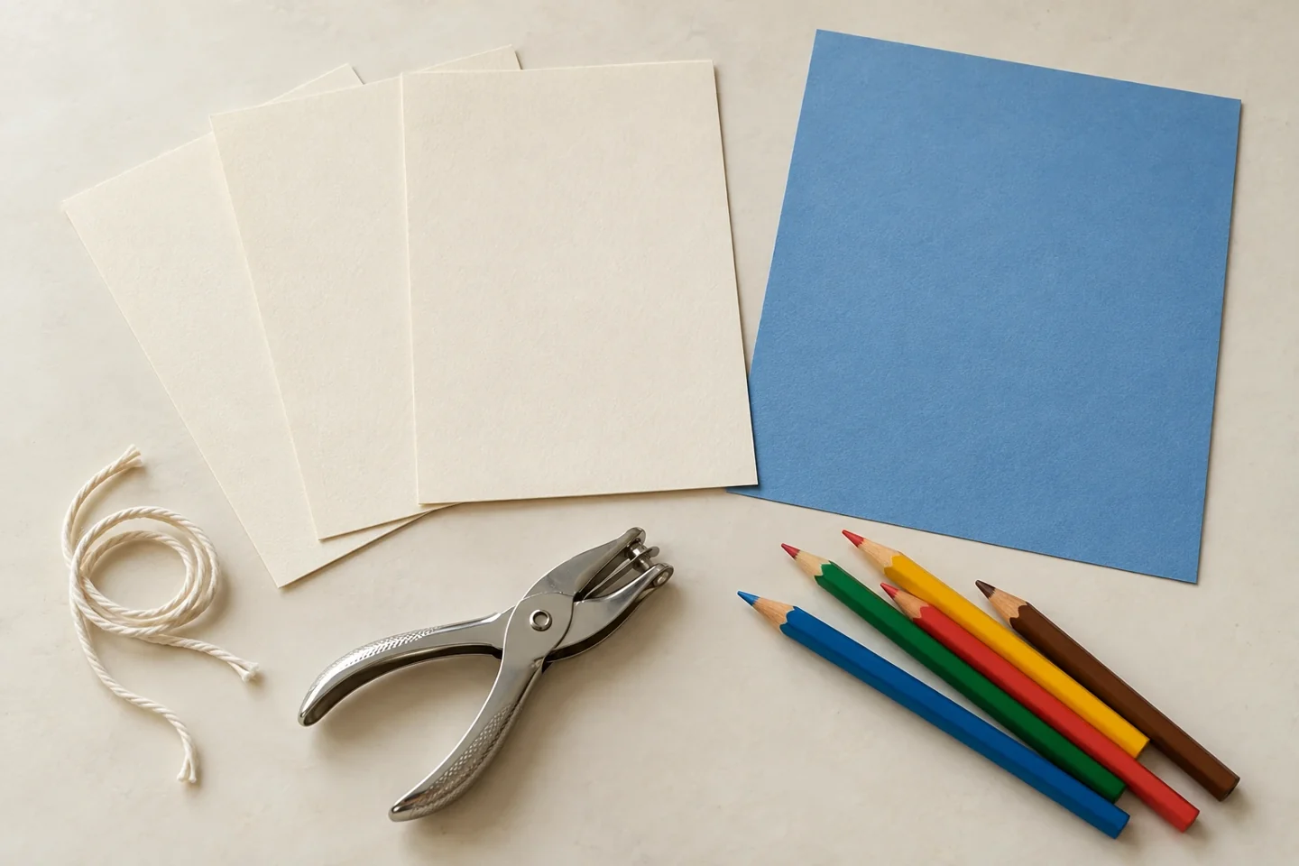 Three paper sheets, a blue cardstock cover and booklet-making supplies