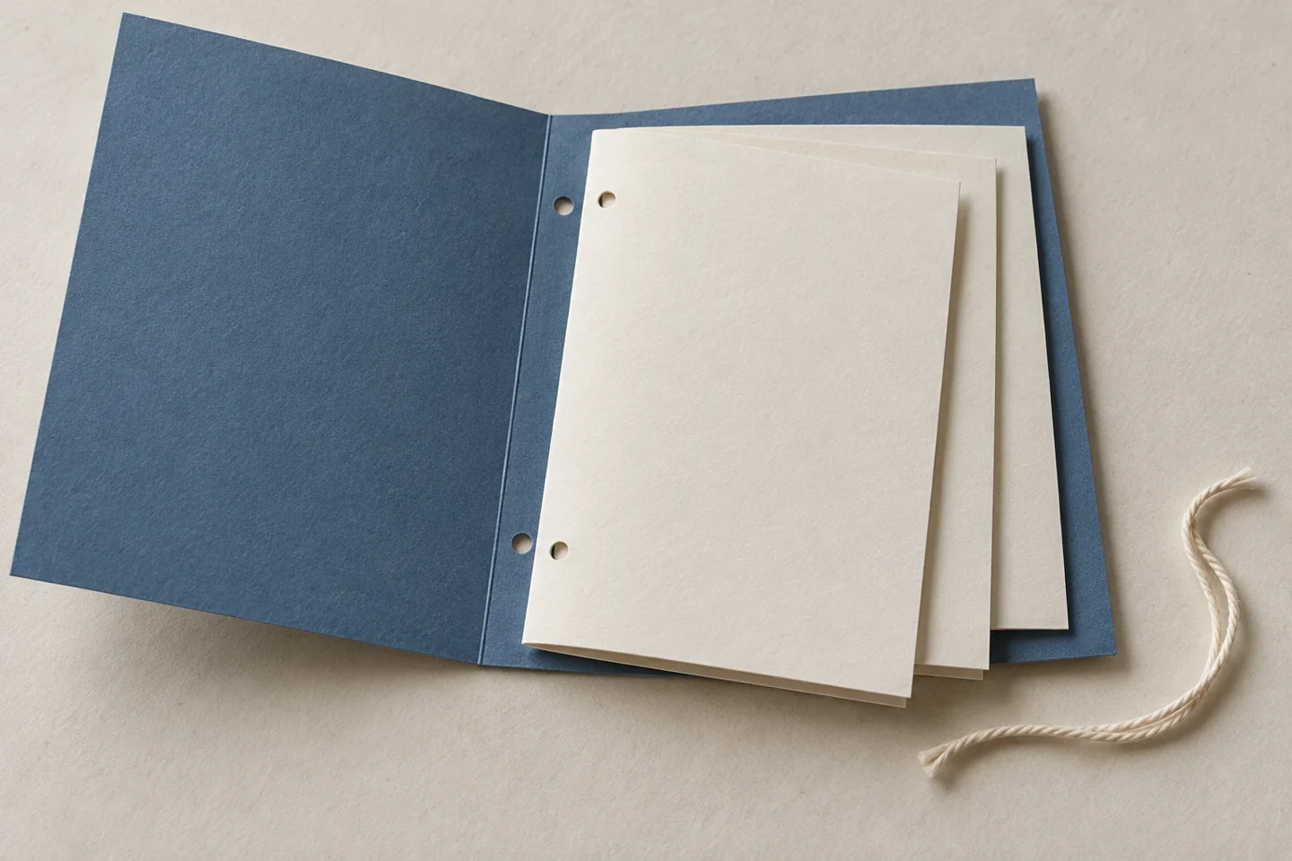 Three folded paper sheets nested inside an unbound blue cover