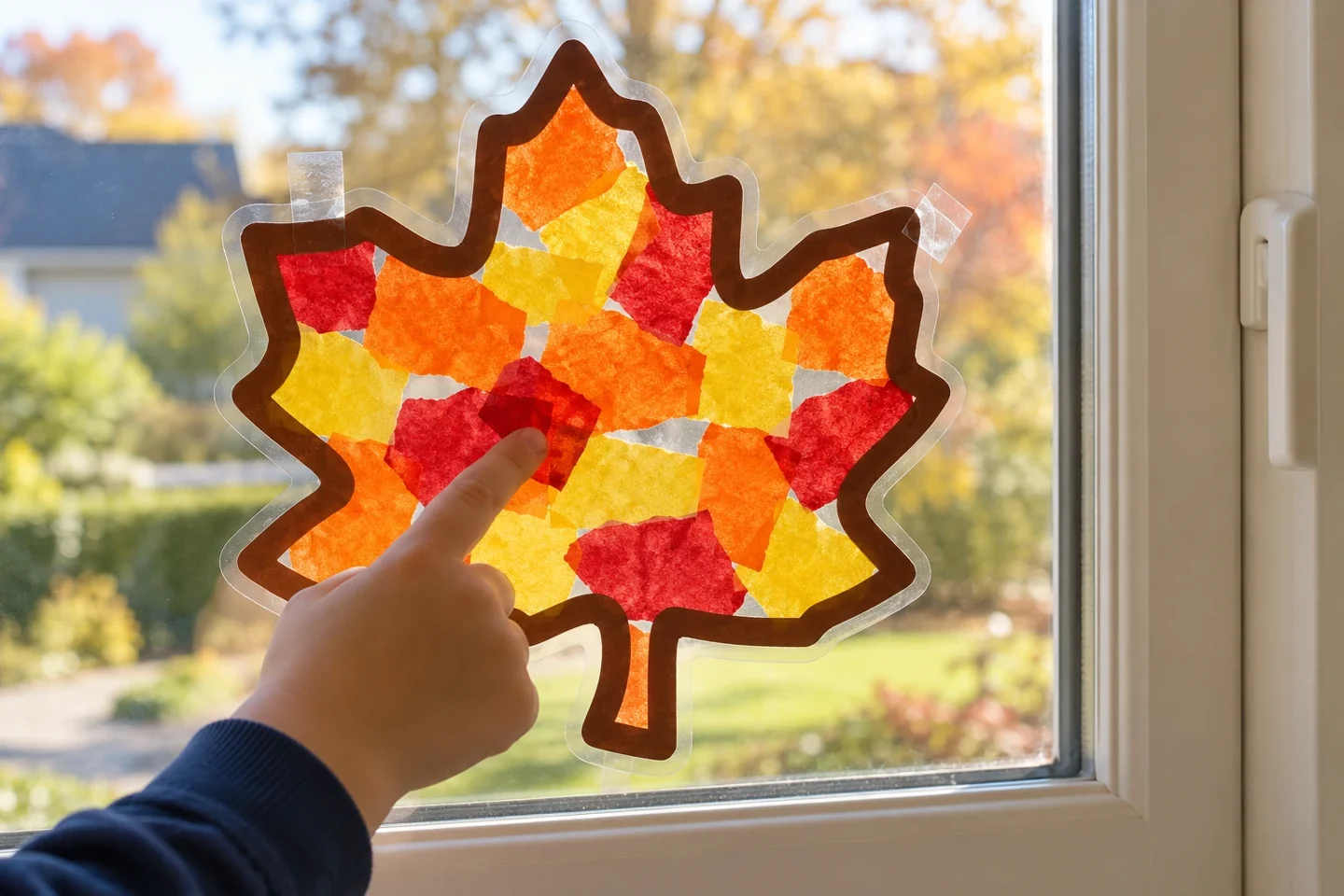 A tissue-paper leaf glows at a window as a child points to an overlapping patch of color.