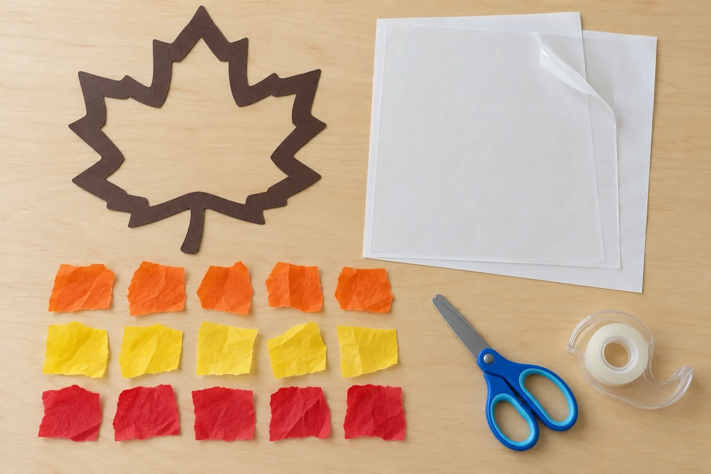An empty brown leaf border, two backed adhesive sheets, fifteen tissue pieces, scissors and removable tape.