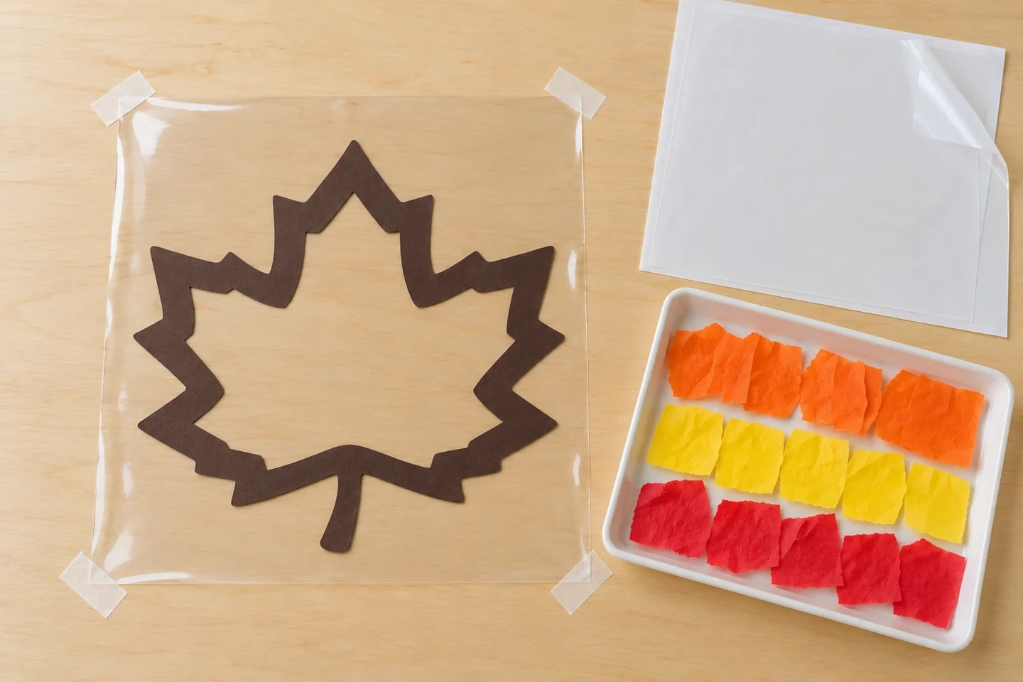 An empty leaf border sits on sticky clear film anchored at its four corners, with tissue pieces waiting in a tray.