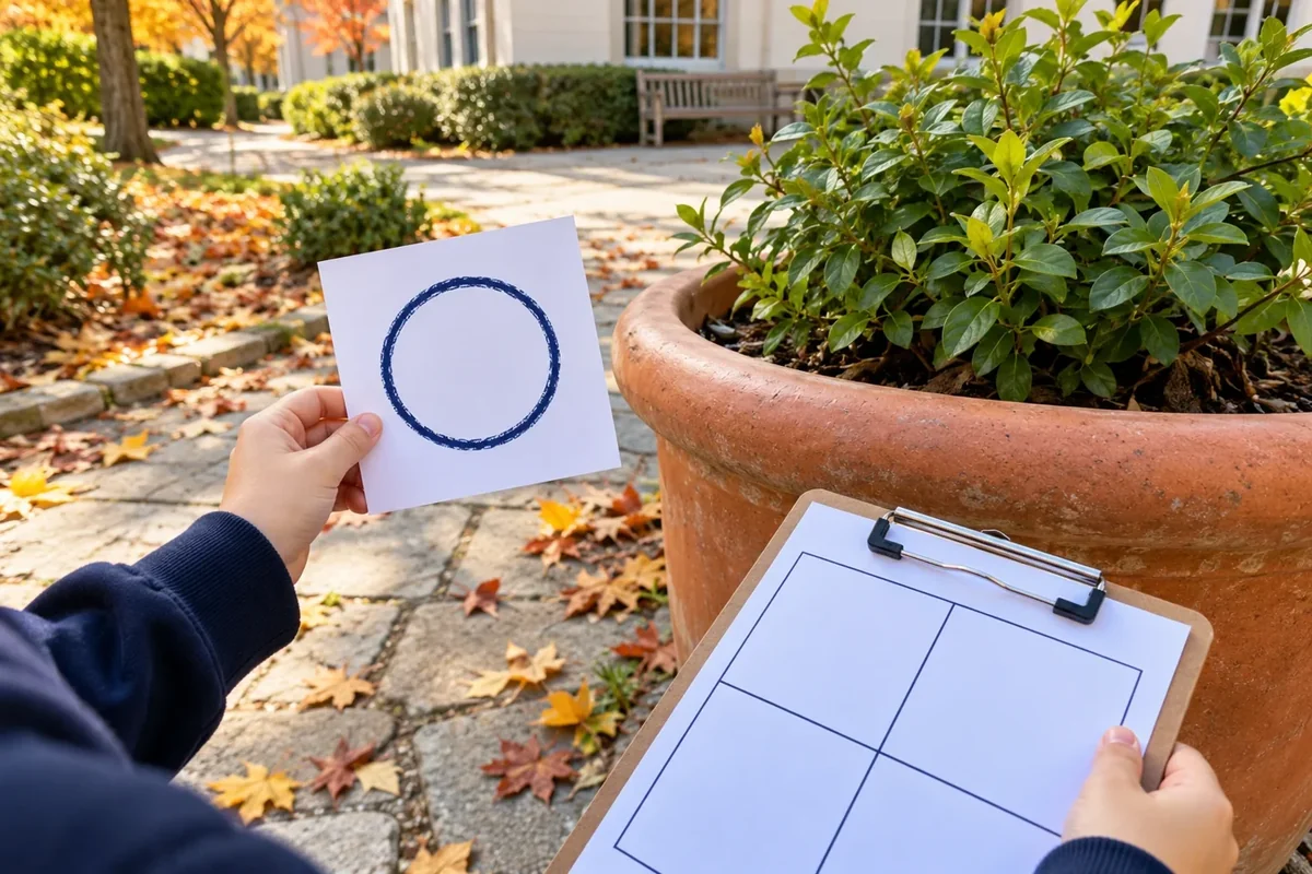 A child compares a circle clue card with the rounded rim of a courtyard planter.