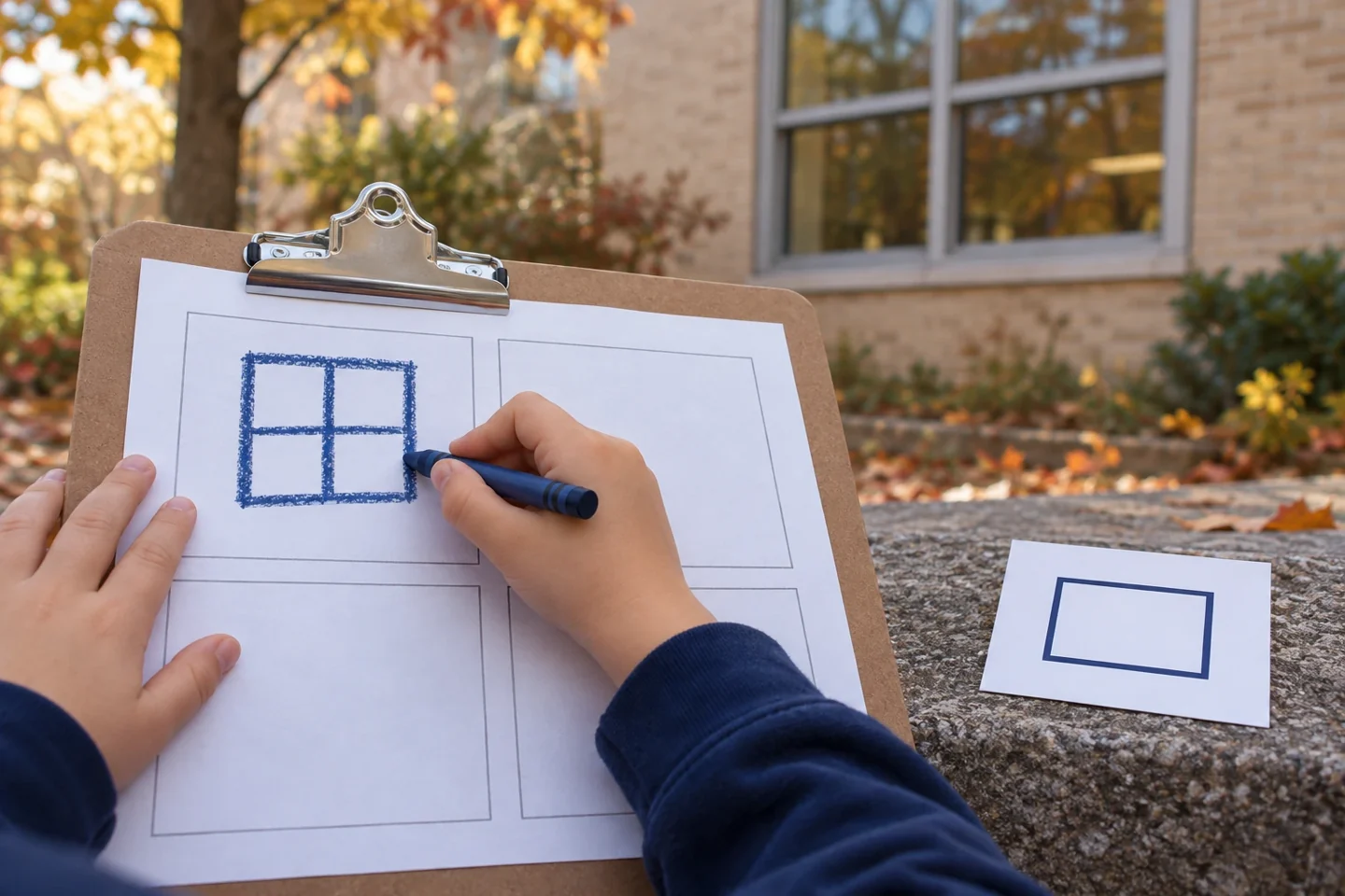 A child draws a rectangular window in one box beside a rectangle clue.
