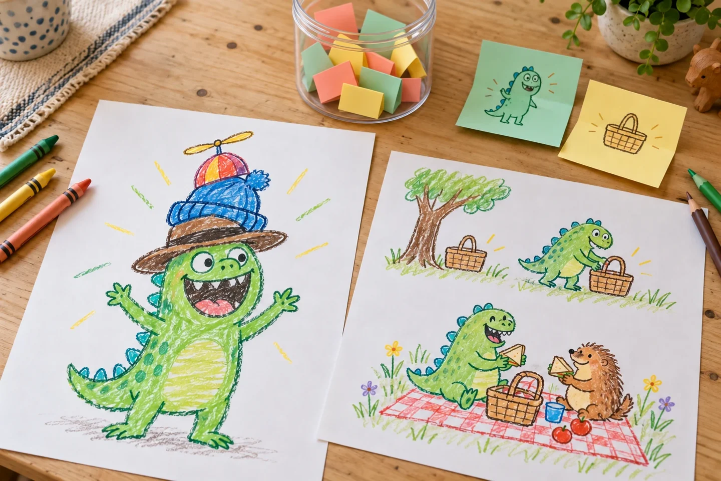 A game outcome: one funny creature drawing with three hats beside a short picture-story and filled jar