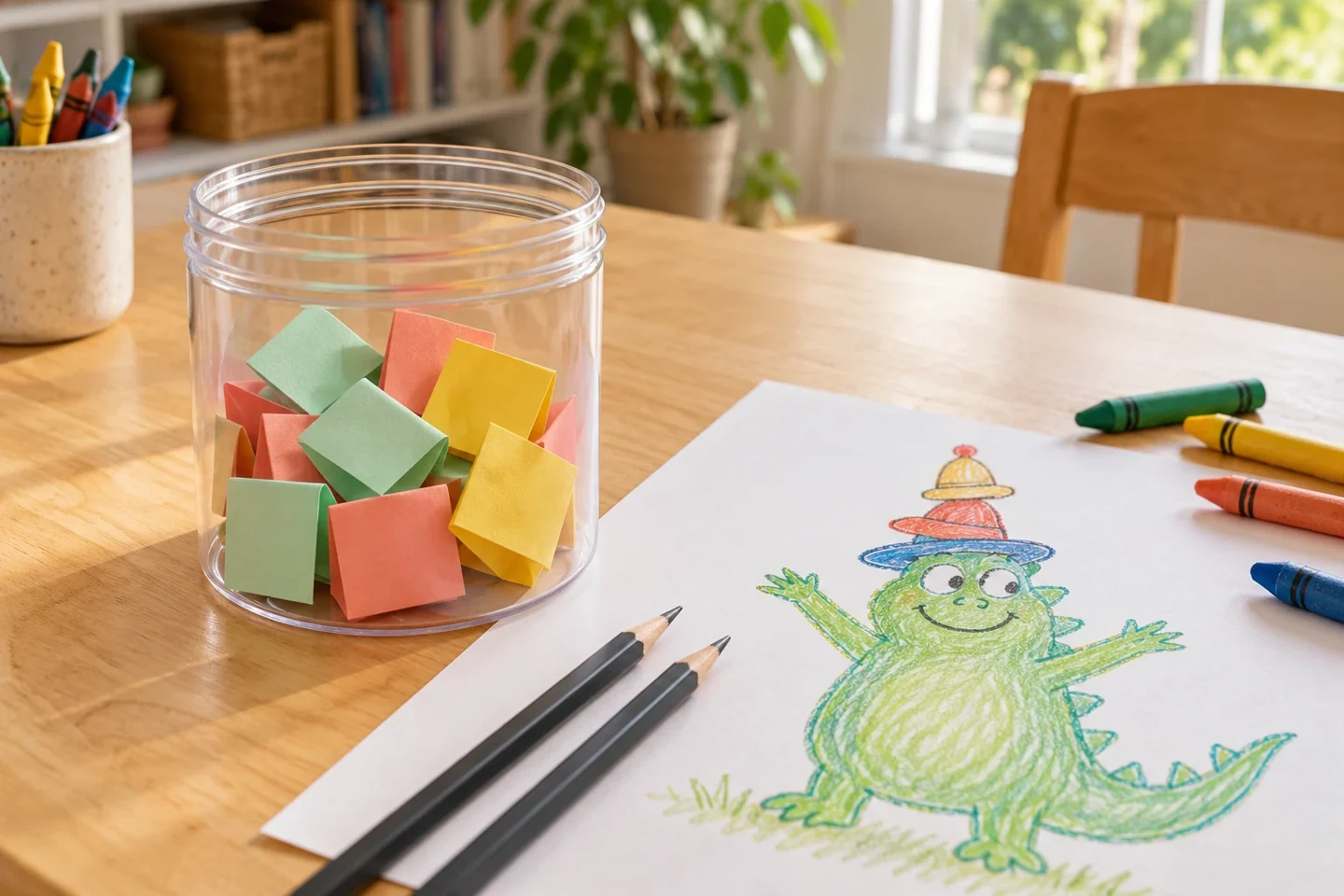 Clear wide-mouth plastic game jar at a family activity table with folded mint coral and yellow slips, open drawing paper showing a funny creature and pencils ready to play