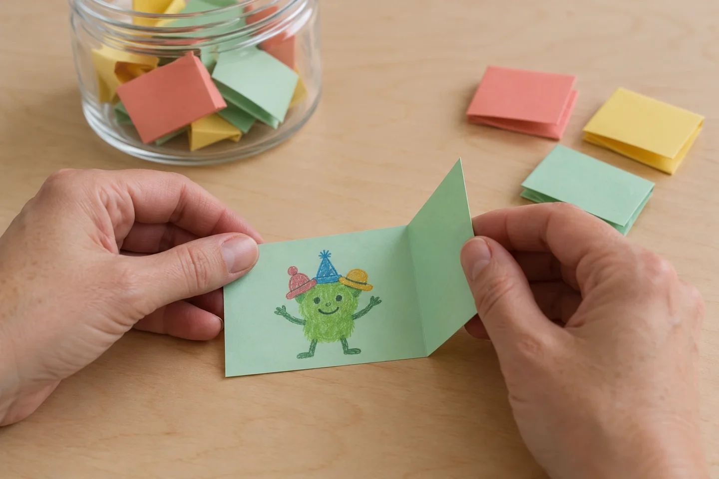 Closeup of one illustrated prompt slip being folded once, other finished slips already folded once