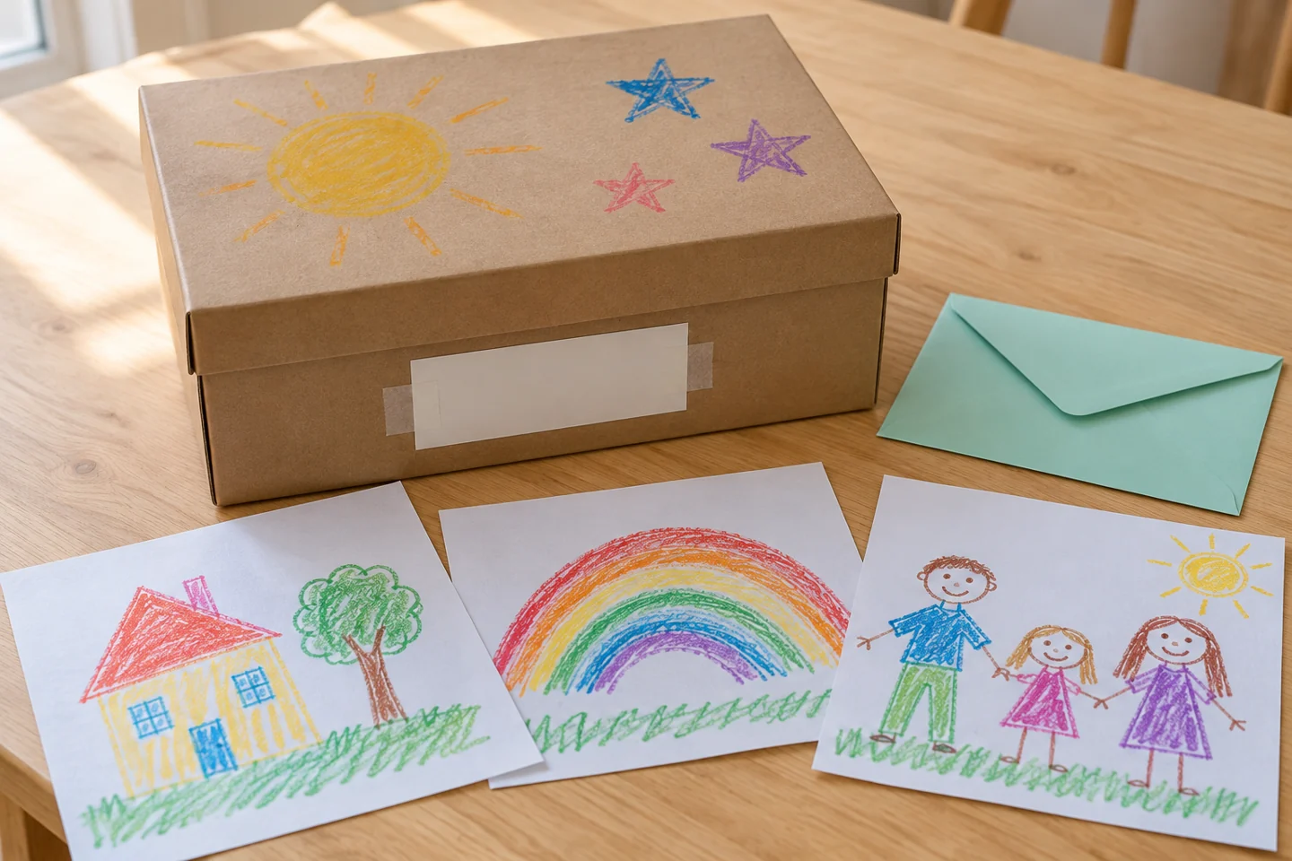 Decorated closed cardboard capsule with label and sample keepsake drawings alongside