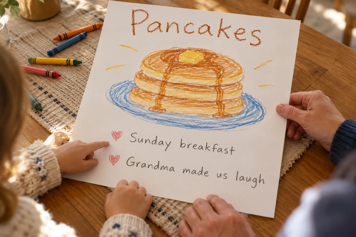 A child and adult look together at a pancake memory page.
