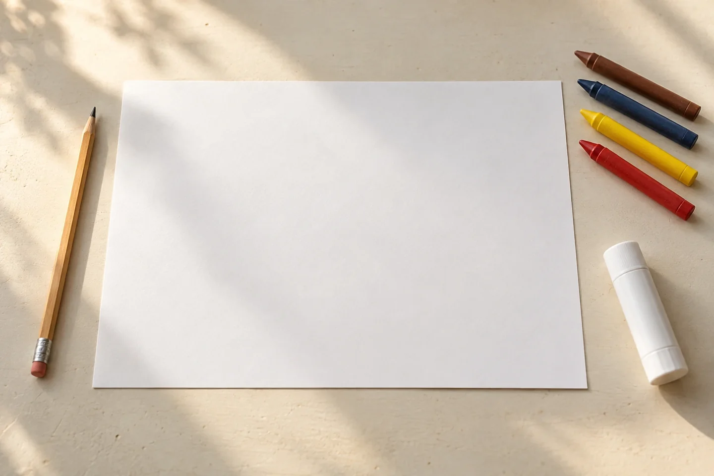 Blank paper, crayons, pencil and glue for a family memory page.