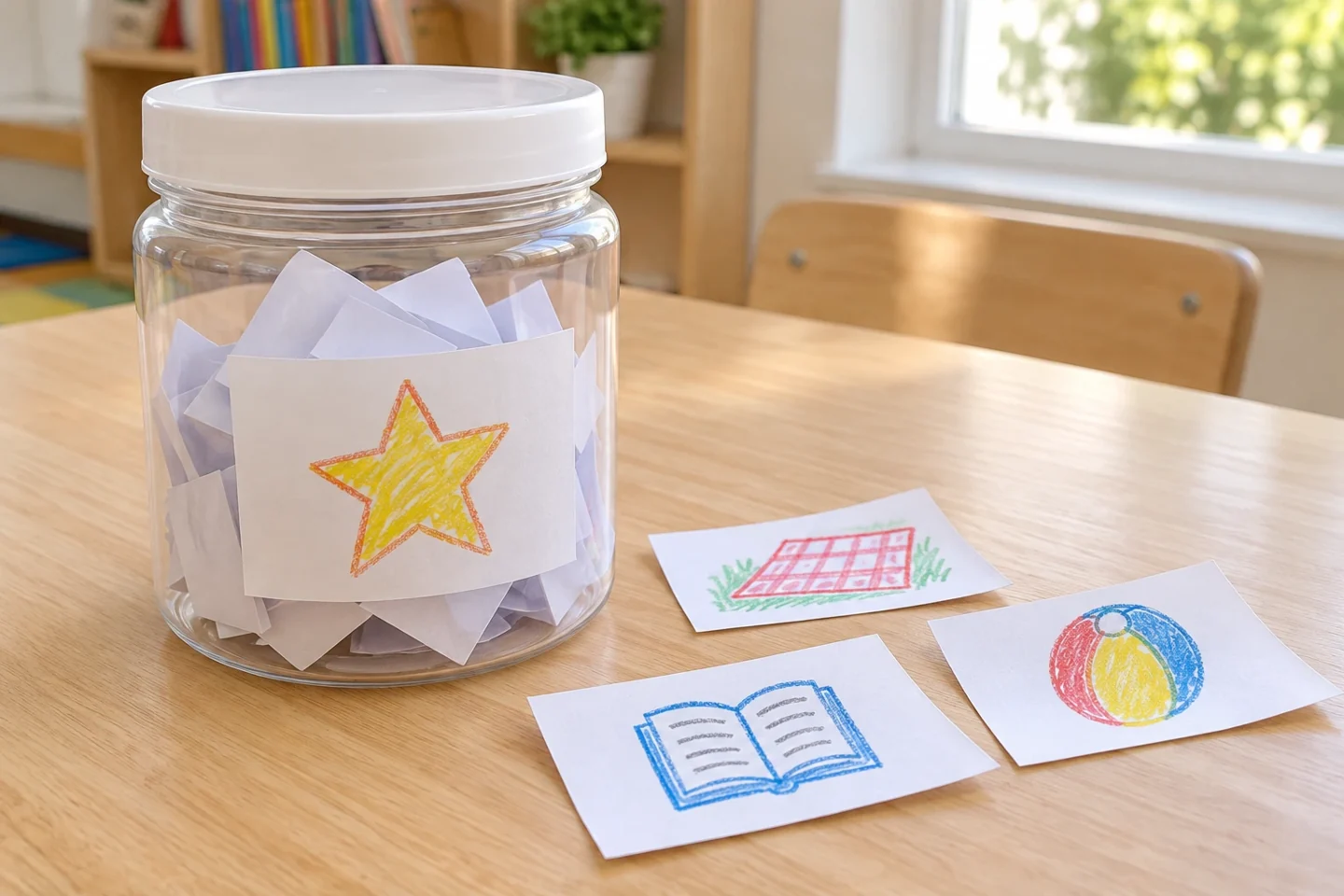 A wishes jar beside drawings of possible family activities