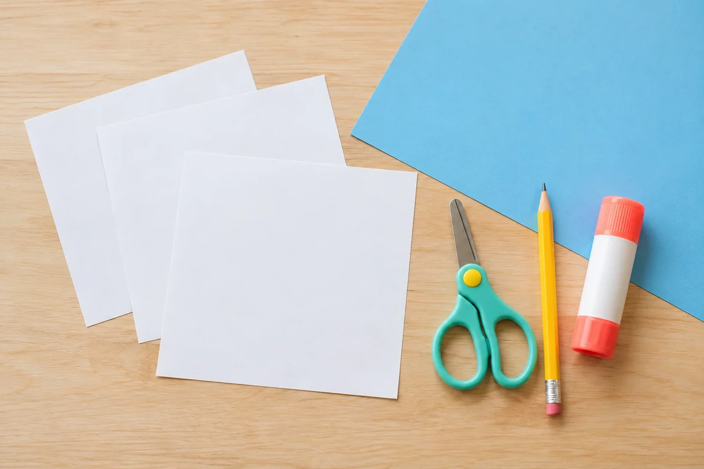 Three white paper squares, blue backing paper, scissors, pencil and glue