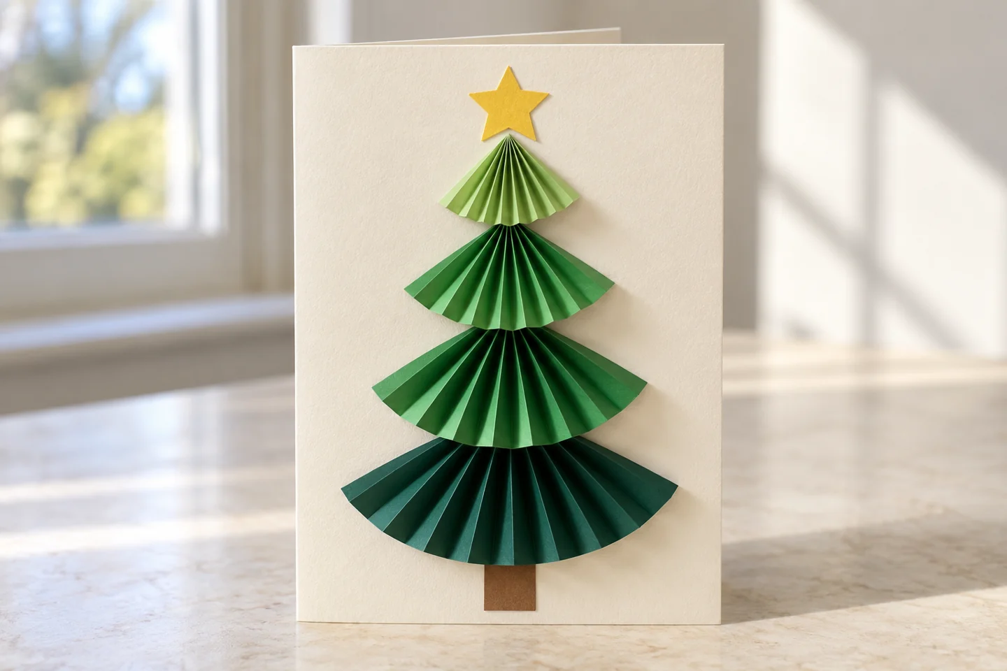 Finished cream Christmas card with four graduated green accordion fans, yellow star, and brown paper trunk.