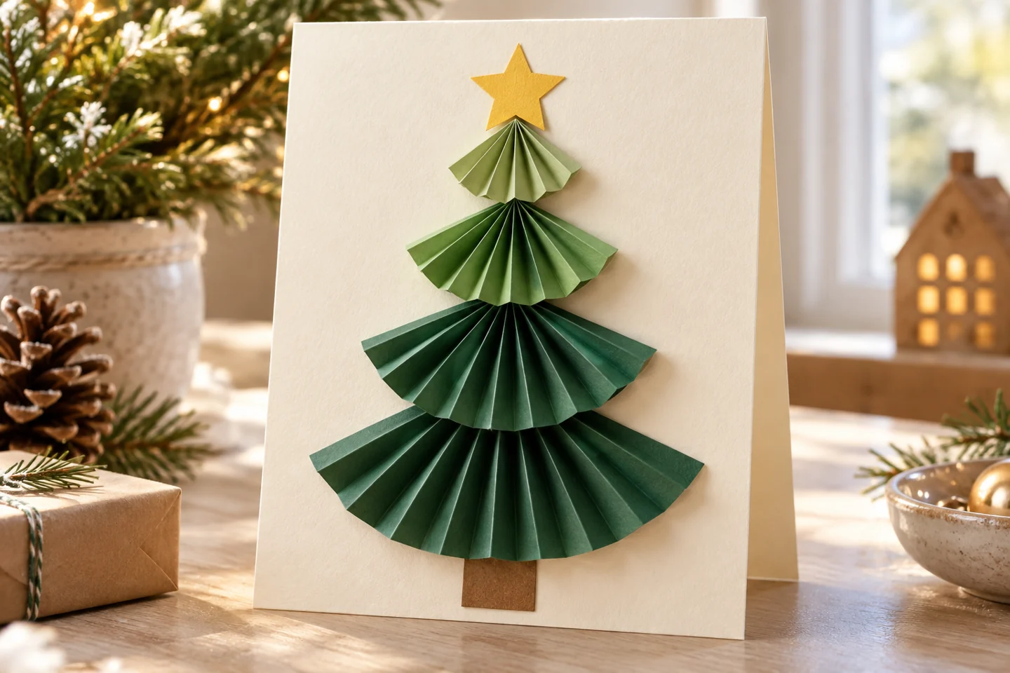One cream upright card with a four-tier green accordion-fan Christmas tree, brown paper trunk and yellow paper star; each fan pinched upward and spread downward.
