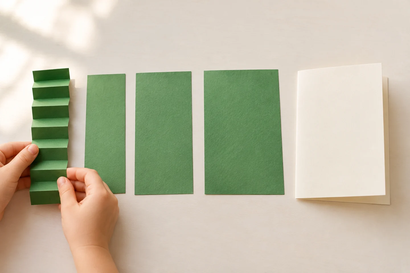 Four green rectangles of increasing widths laid beside a blank folded cream card; first rectangle has alternating half-inch accordion folds.