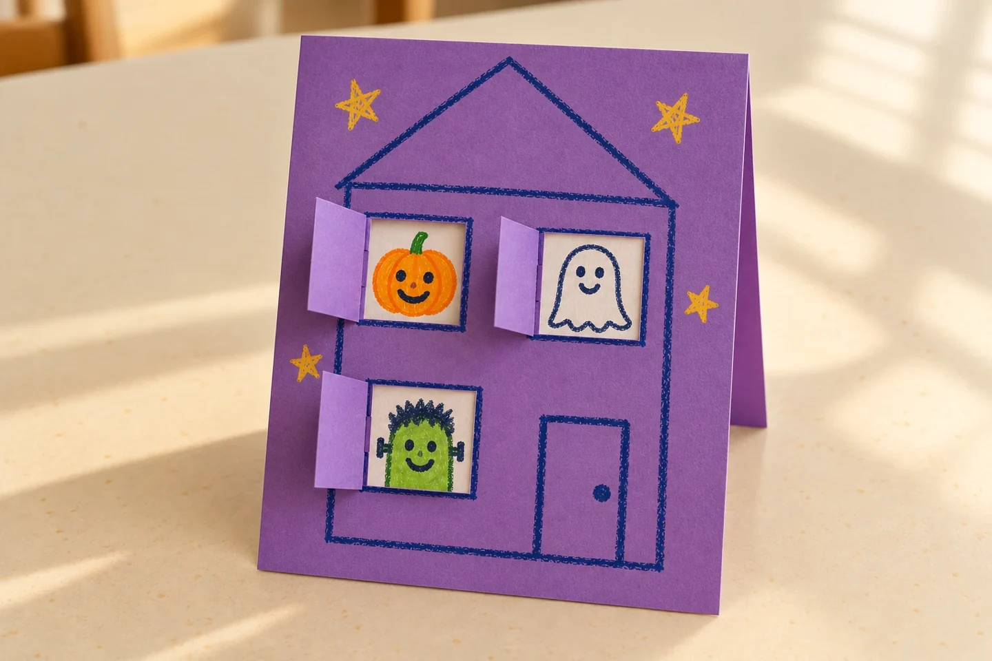 Three open paper-house windows reveal a pumpkin, ghost and green monster.