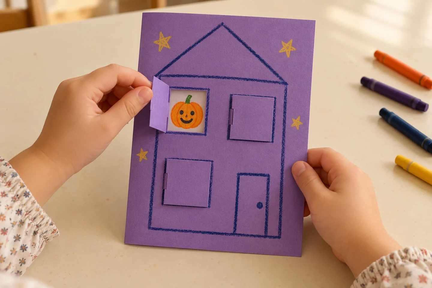 A child opens a paper-house window to reveal a friendly pumpkin resident.