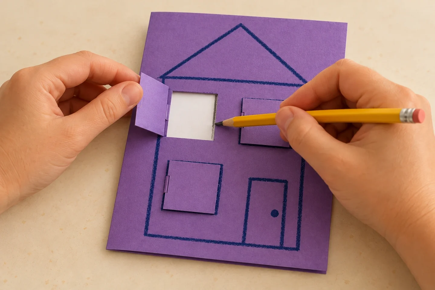 An adult traces an open window onto the card’s back panel.