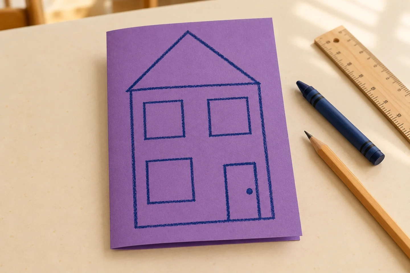 A folded purple card with a house outline and three uncut window squares.
