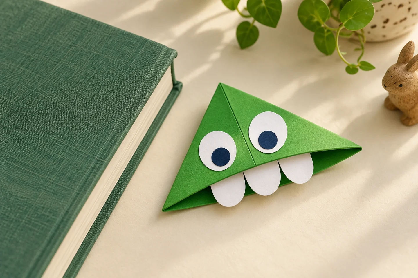 The finished green monster pocket with paper eyes and rounded teeth.