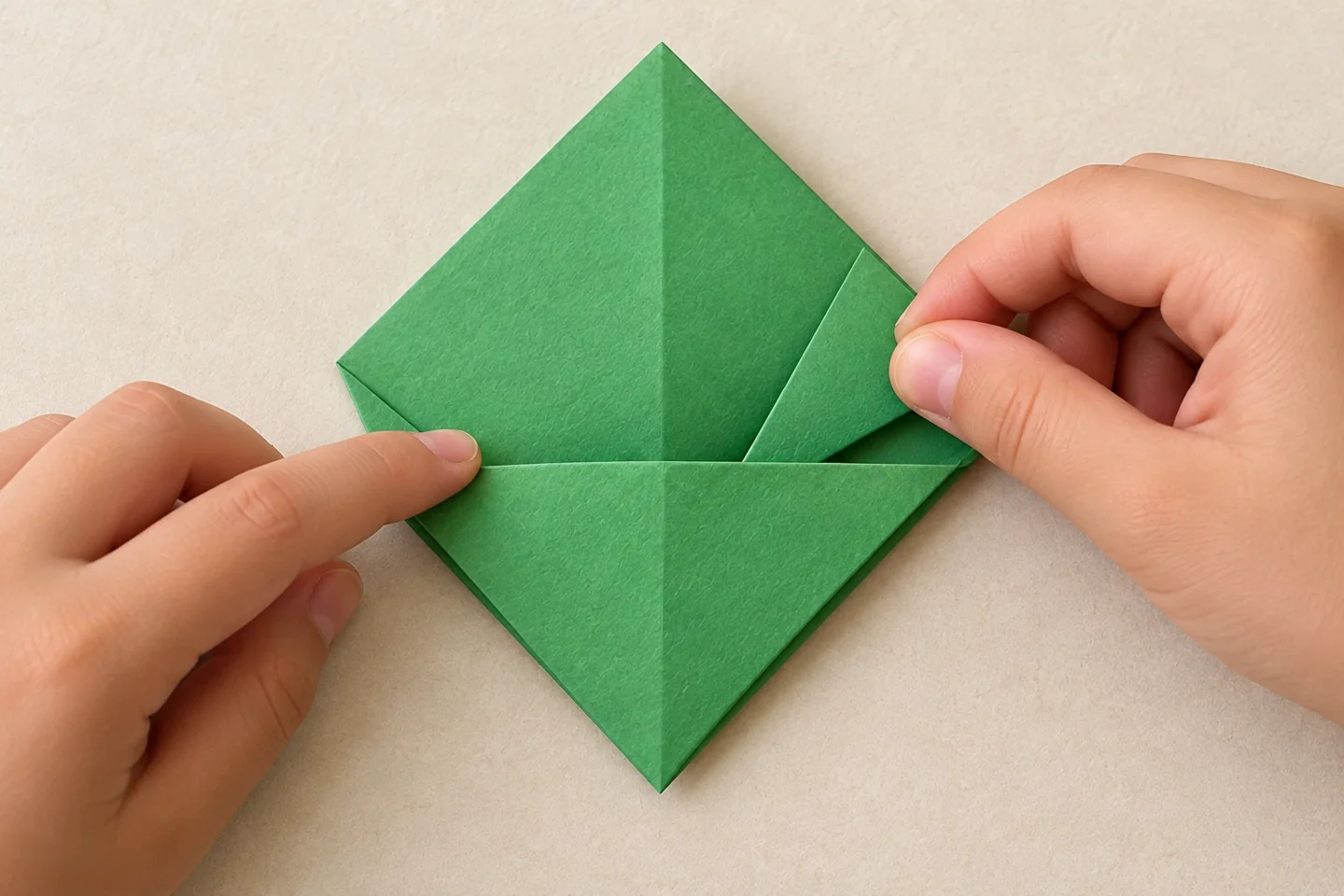 A side corner slips behind the folded front flap to form the bookmark pocket.