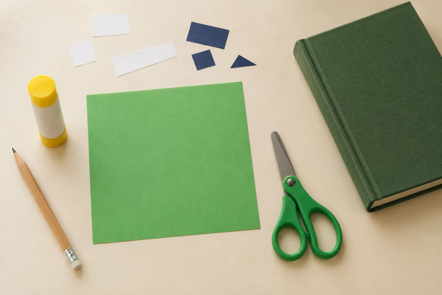 A green paper square, paper scraps, glue, pencil, scissors and a book.