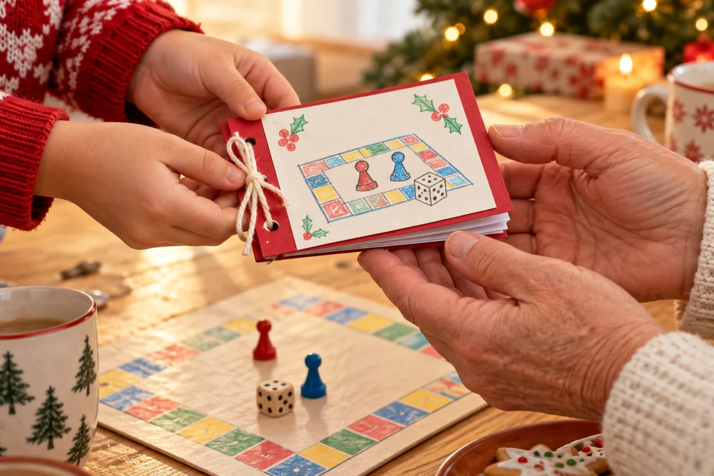 A child giving an eight-page handmade Christmas coupon book to a grandparent across a table, a shared-game picture visible