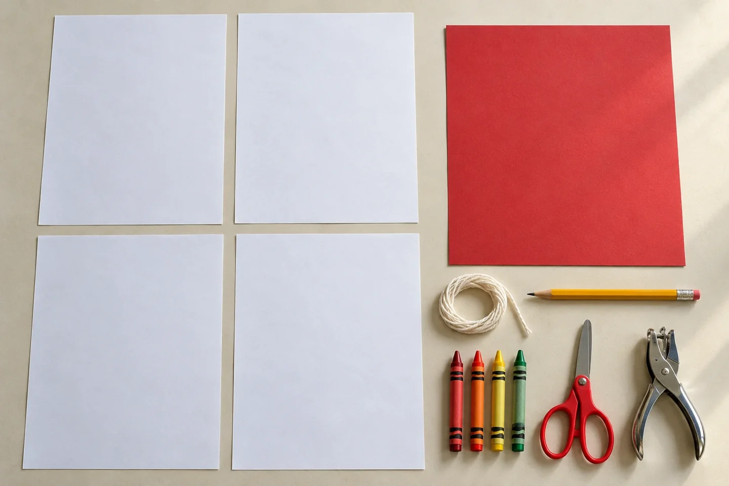 Four intact sheets of paper, cardstock cover blank, crayons pencil scissors hole punch short cotton string; no assembled booklet