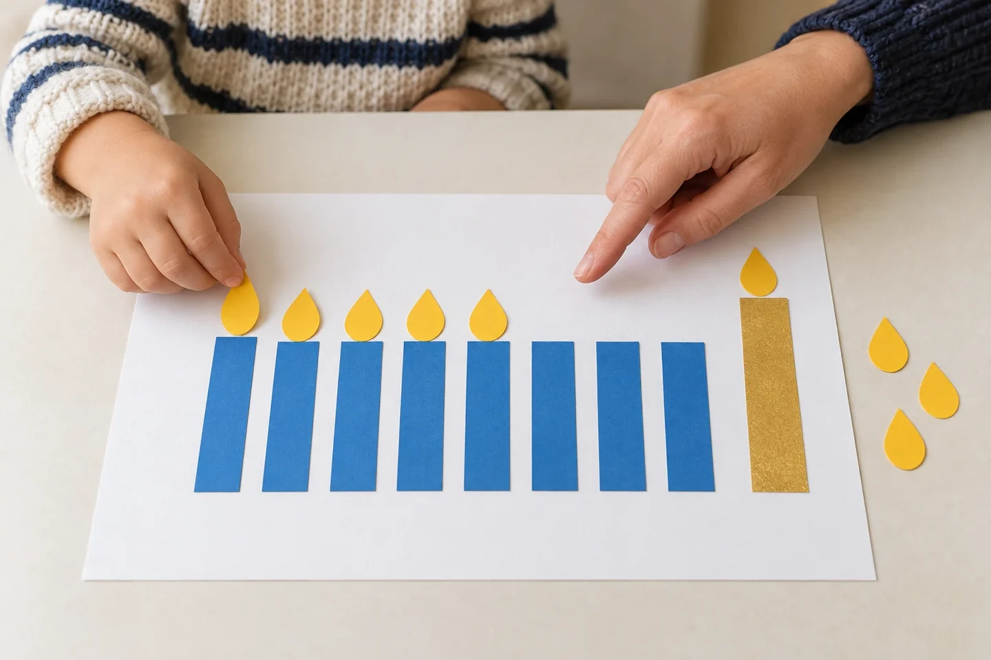 A child and adult counting five holiday paper flames separately from the shamash