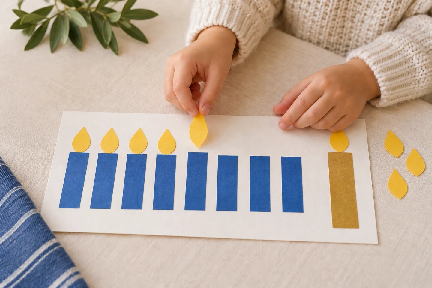 A child adding a fifth paper flame to the counting mat