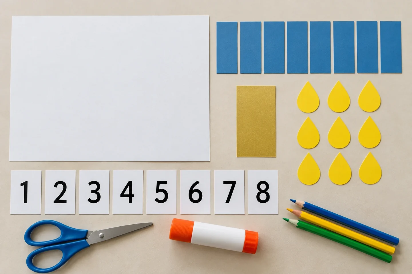 Paper candle rectangles, nine flame shapes, number cards and counting mat supplies