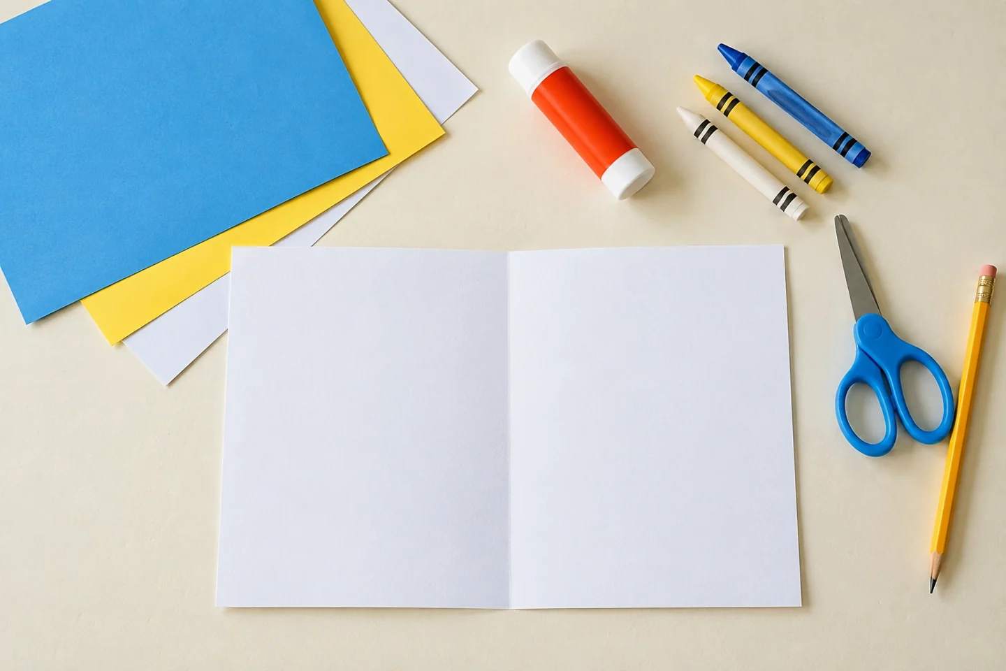 Blank cardstock, intact blue white yellow paper scraps, glue crayons scissors pencil; no preassembled card