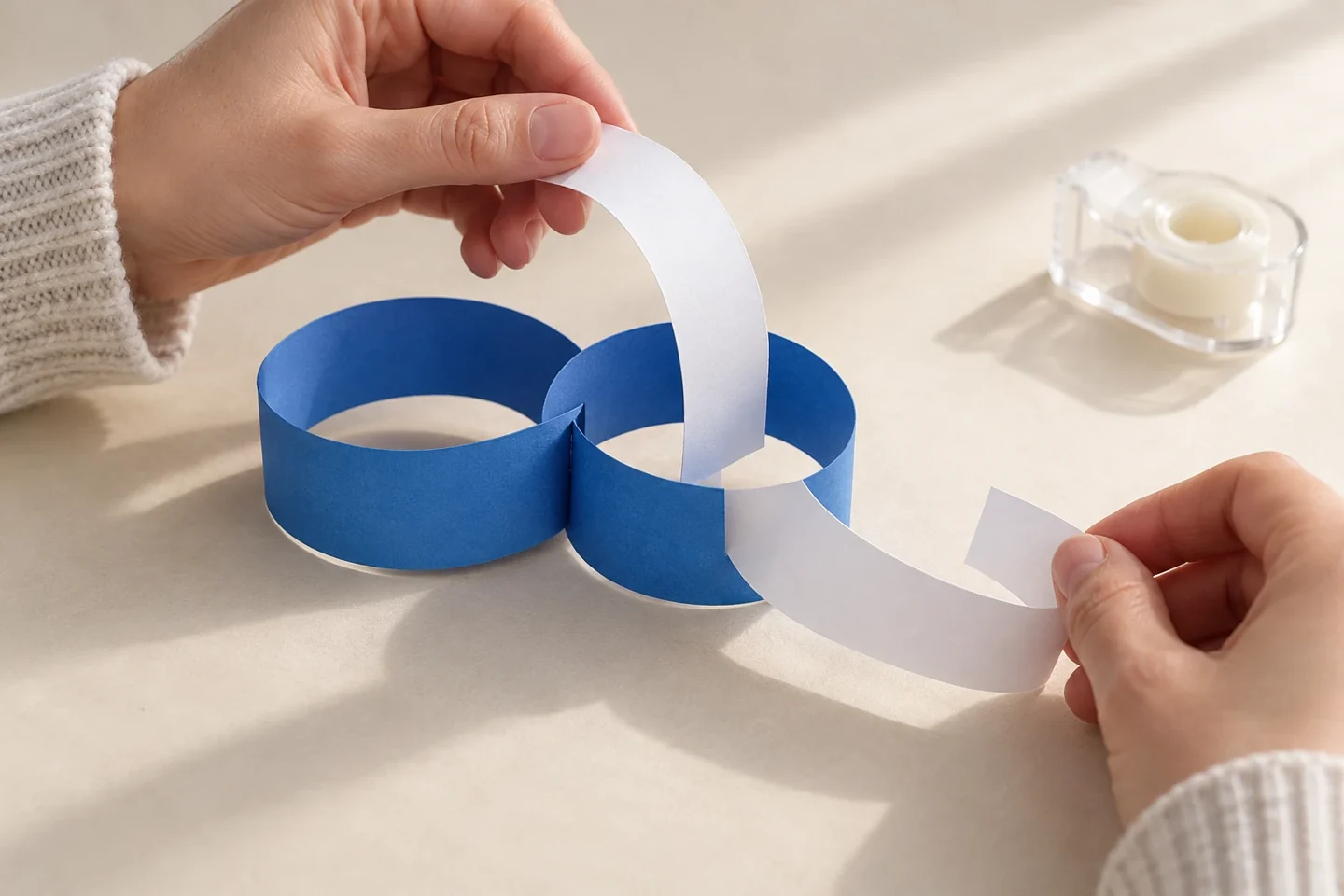 A white strip passing through two joined blue paper loops