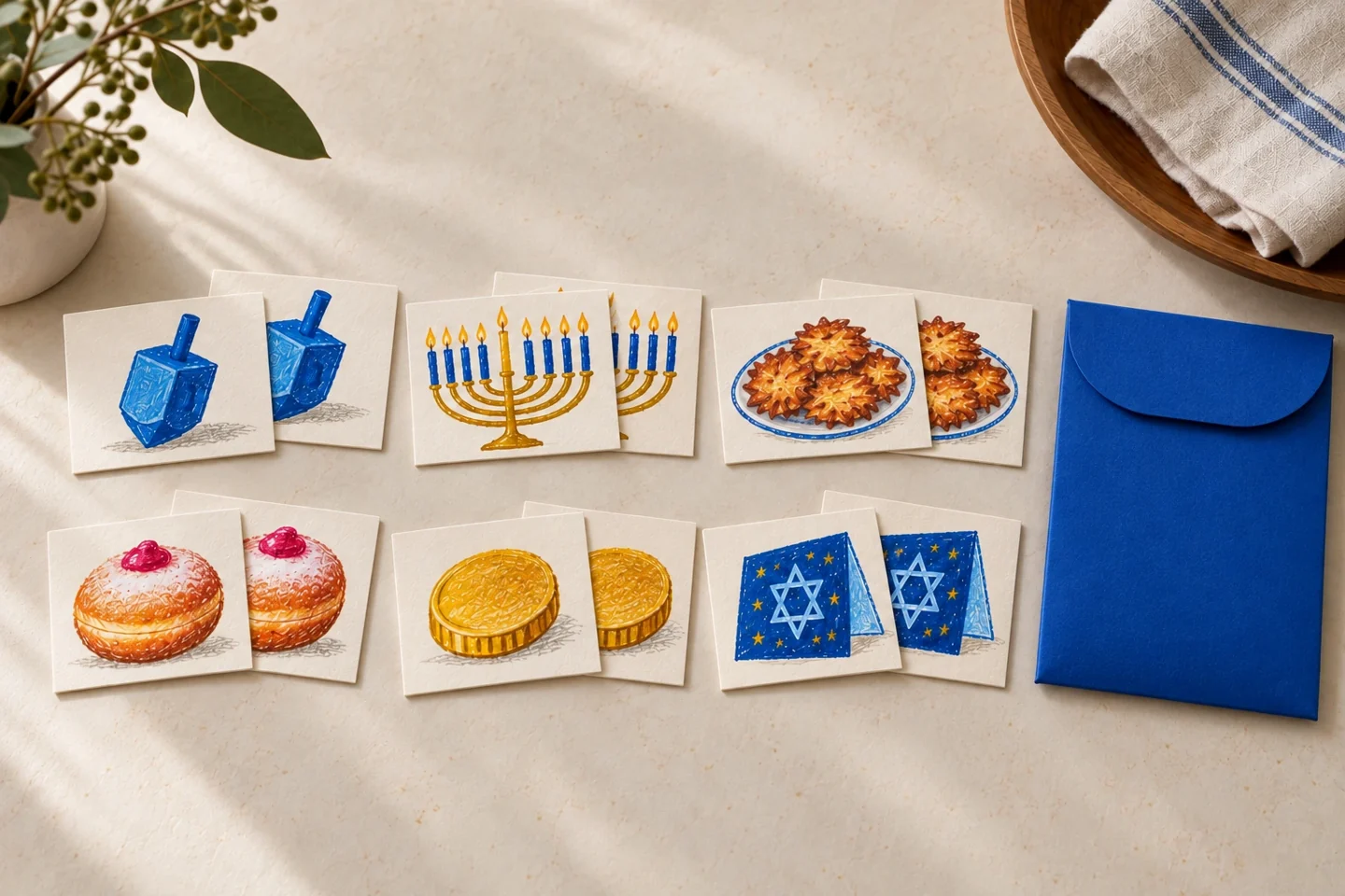 Six completed pairs of Hanukkah picture cards