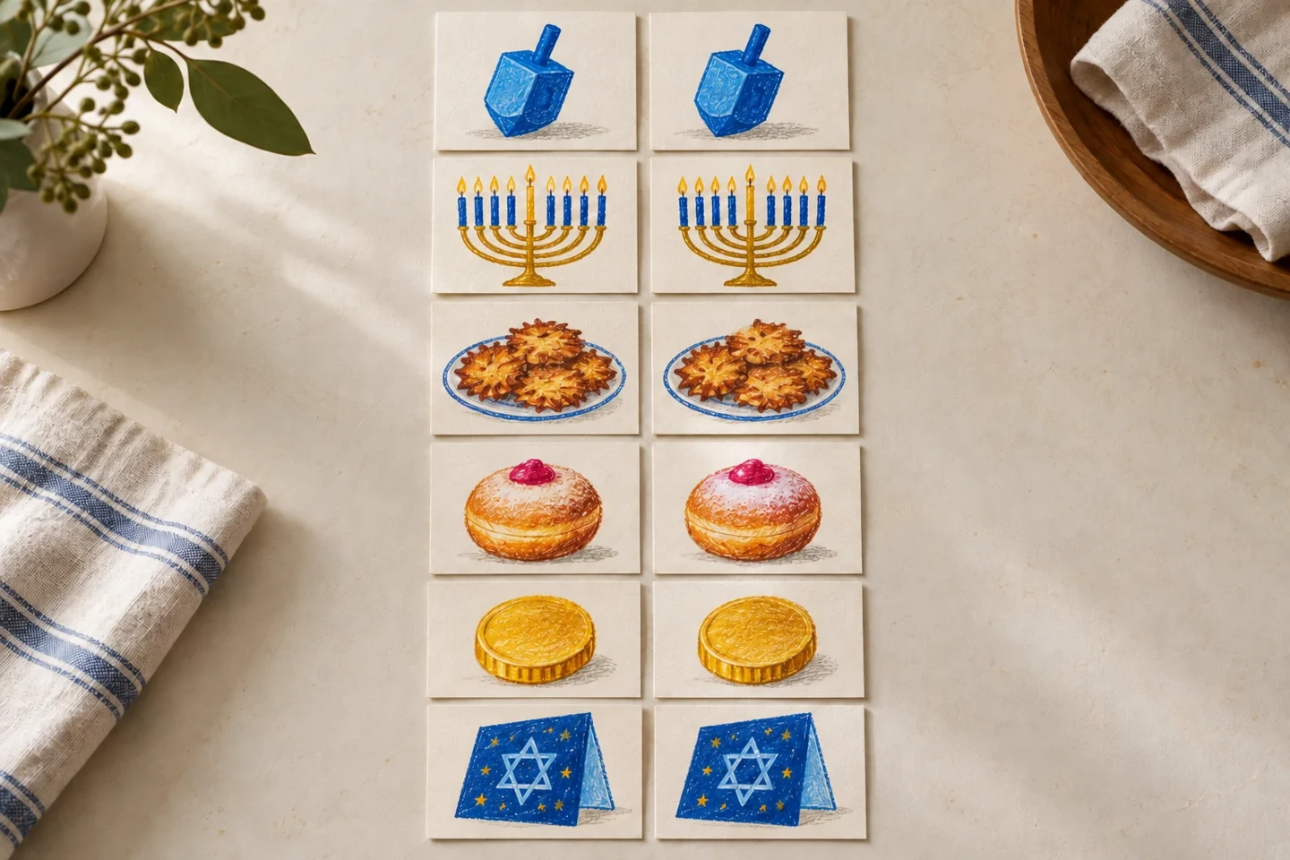 Six pairs of handmade Hanukkah picture cards laid face up