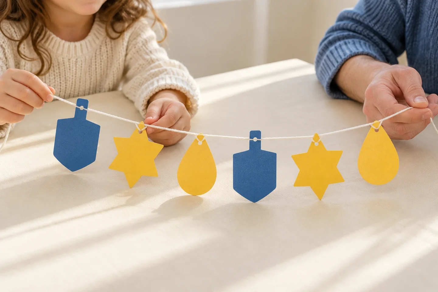 A child and adult holding a six-piece paper Hanukkah garland